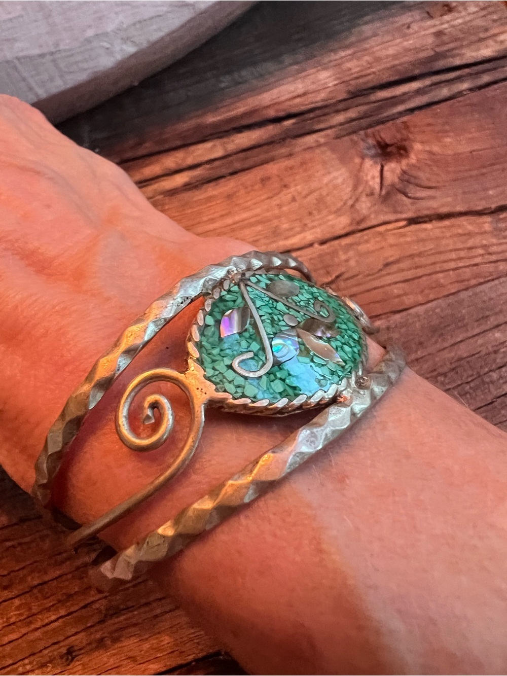 Handcrafted Turquoise  color Mosaic Silver Cuff Bracelet - Green Accent - Picture 3 of 6